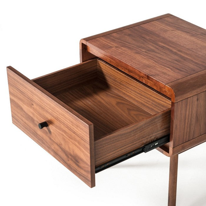 One Drawer Nightstand with Rod-Shaped Pull and Tapered Feet, Walnut Brown