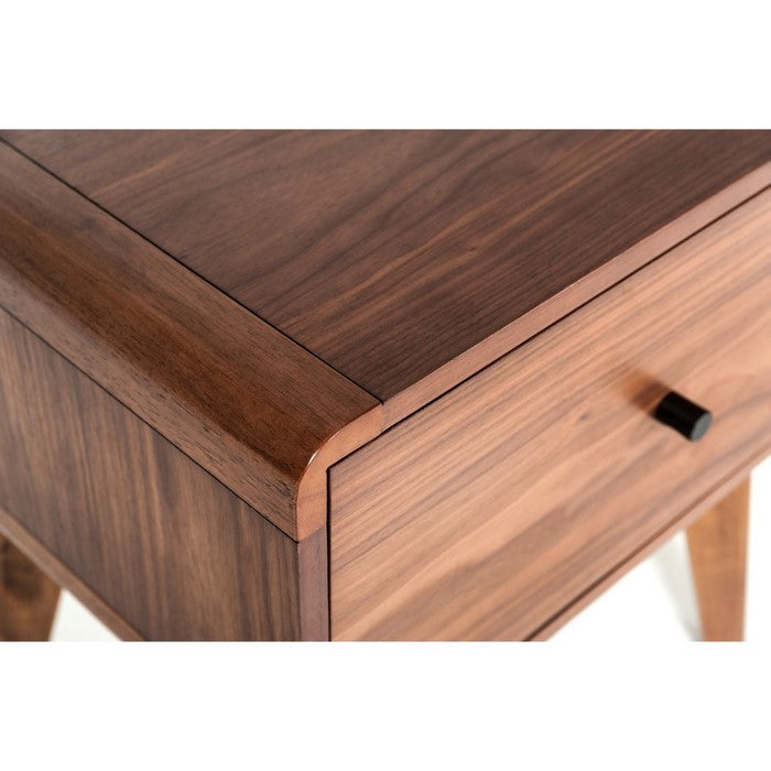One Drawer Nightstand with Rod-Shaped Pull and Tapered Feet, Walnut Brown