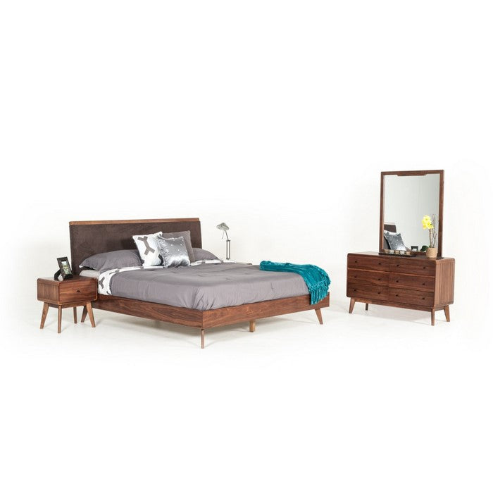 One Drawer Nightstand with Rod-Shaped Pull and Tapered Feet, Walnut Brown