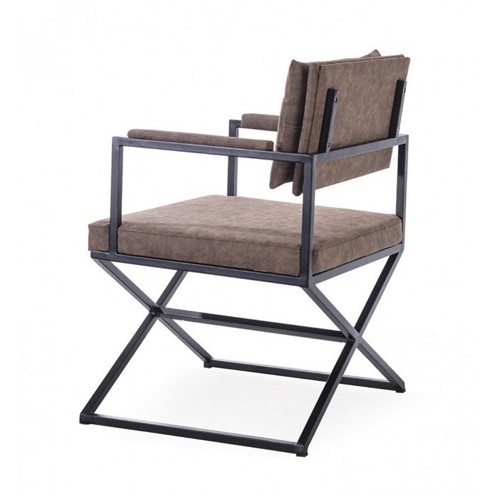 Leatherette Upholstered Dining Arm Chair with Crossed Metal Base, Brown and Black