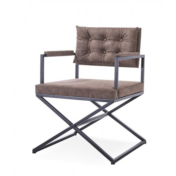 Leatherette Upholstered Dining Arm Chair with Crossed Metal Base, Brown and Black