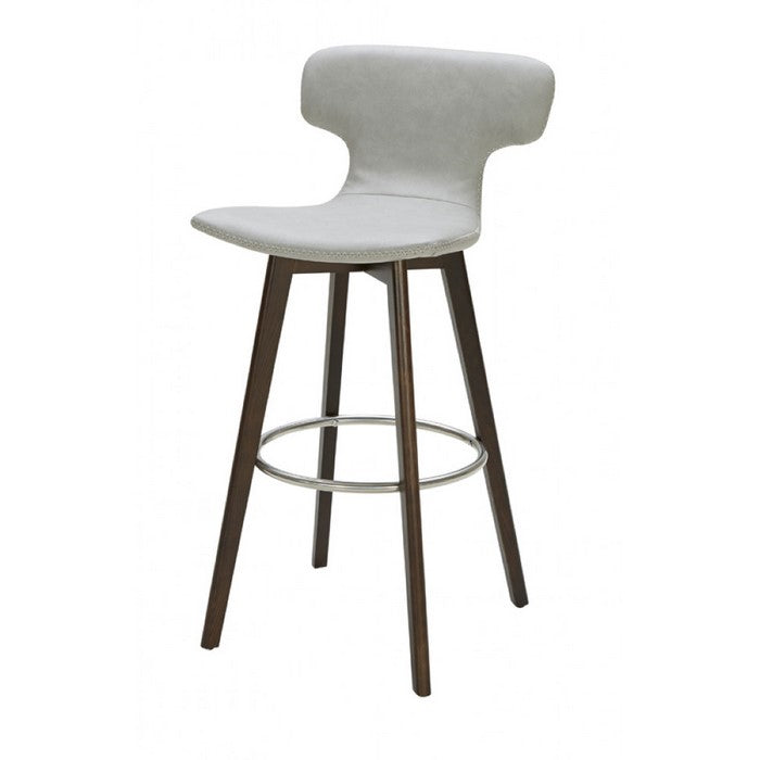 Leatherette Upholstered Barstool with Ring Footrest and Tapered Wooden Feet, Light Gray
