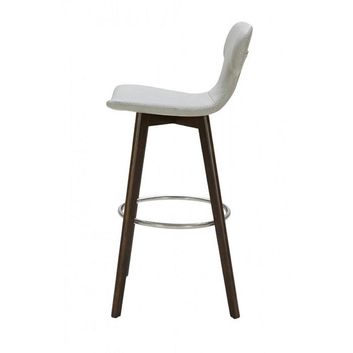 Leatherette Upholstered Barstool with Ring Footrest and Tapered Wooden Feet, Light Gray