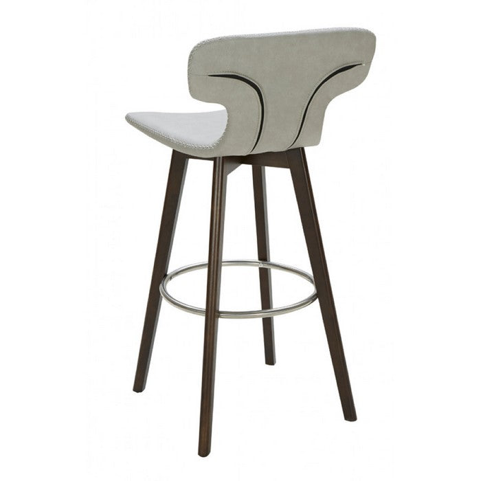 Leatherette Upholstered Barstool with Ring Footrest and Tapered Wooden Feet, Light Gray