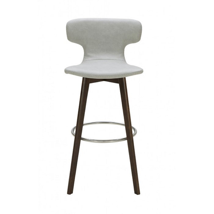 Leatherette Upholstered Barstool with Ring Footrest and Tapered Wooden Feet, Light Gray
