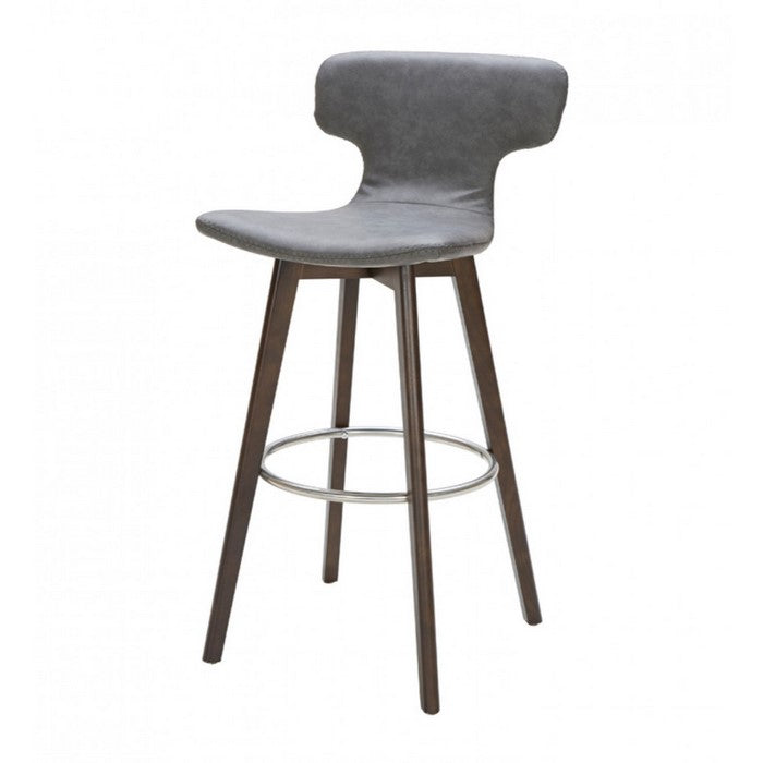 Leatherette Upholstered Barstool with Ring Footrest and Tapered Wood Feet, Dark Gray