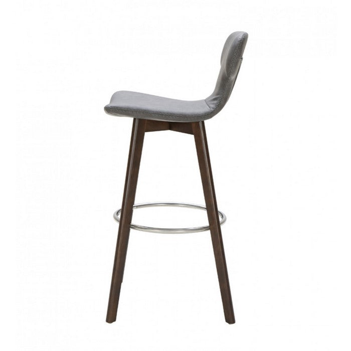 Leatherette Upholstered Barstool with Ring Footrest and Tapered Wood Feet, Dark Gray