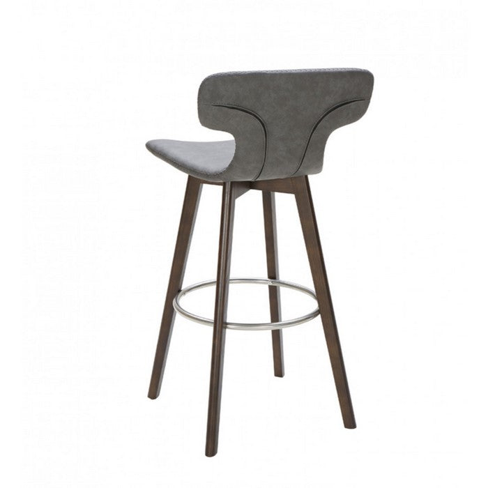 Leatherette Upholstered Barstool with Ring Footrest and Tapered Wood Feet, Dark Gray
