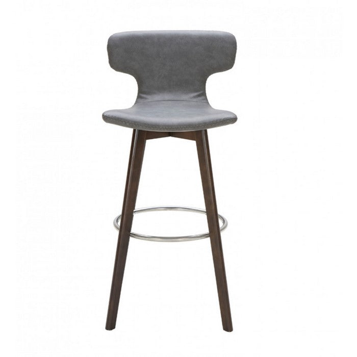 Leatherette Upholstered Barstool with Ring Footrest and Tapered Wood Feet, Dark Gray
