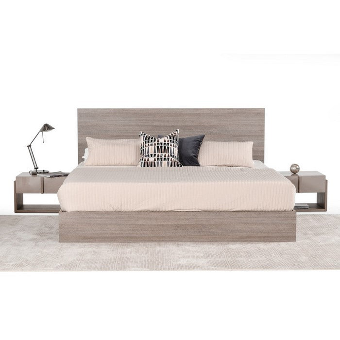 One Drawer and One Shelf Nightstand with Sleek Plank Shape Pull, Beige and Brown