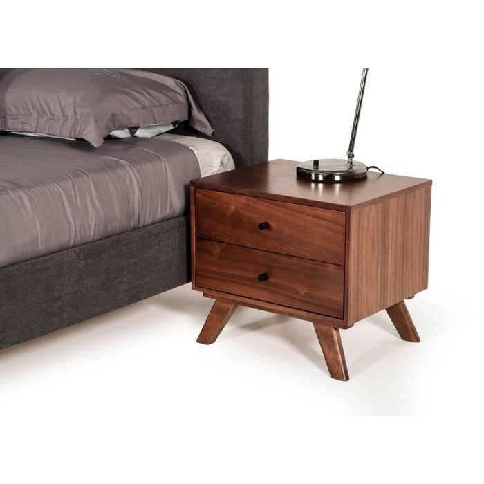 Two Drawer Nightstand with Rod-Shaped Pull and Tapered Feet, Walnut Brown