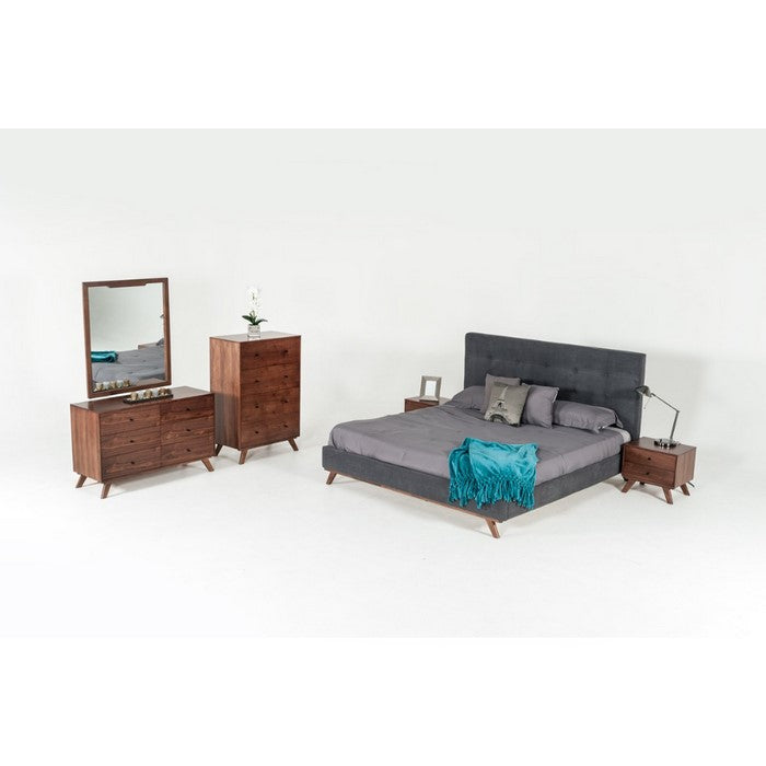 Two Drawer Nightstand with Rod-Shaped Pull and Tapered Feet, Walnut Brown