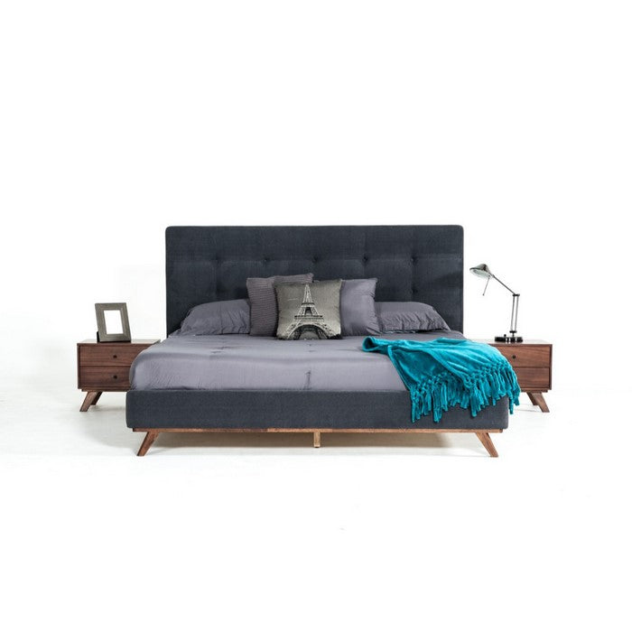 Two Drawer Nightstand with Rod-Shaped Pull and Tapered Feet, Walnut Brown