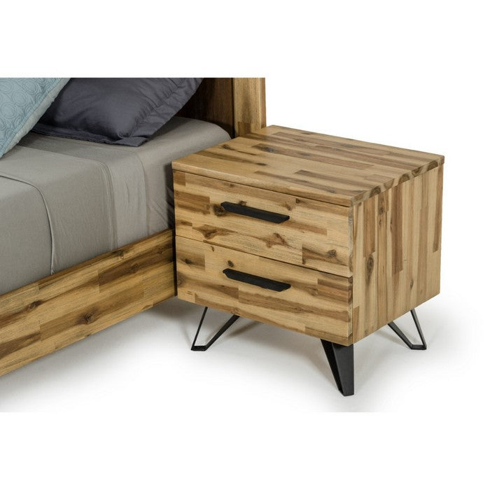 Wooden Two Drawer Nightstand with Tapered Metal Legs, Brown and Black