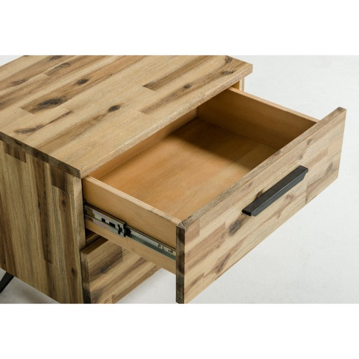 Wooden Two Drawer Nightstand with Tapered Metal Legs, Brown and Black