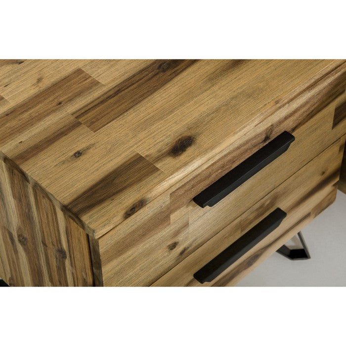 Wooden Two Drawer Nightstand with Tapered Metal Legs, Brown and Black