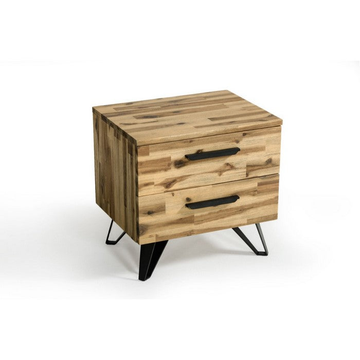 Wooden Two Drawer Nightstand with Tapered Metal Legs, Brown and Black