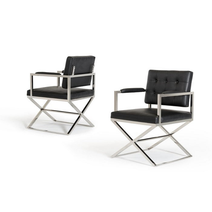 Leatherette Dining Chair with Button Tufted Back and Crossed Metal Base, Black and Silver