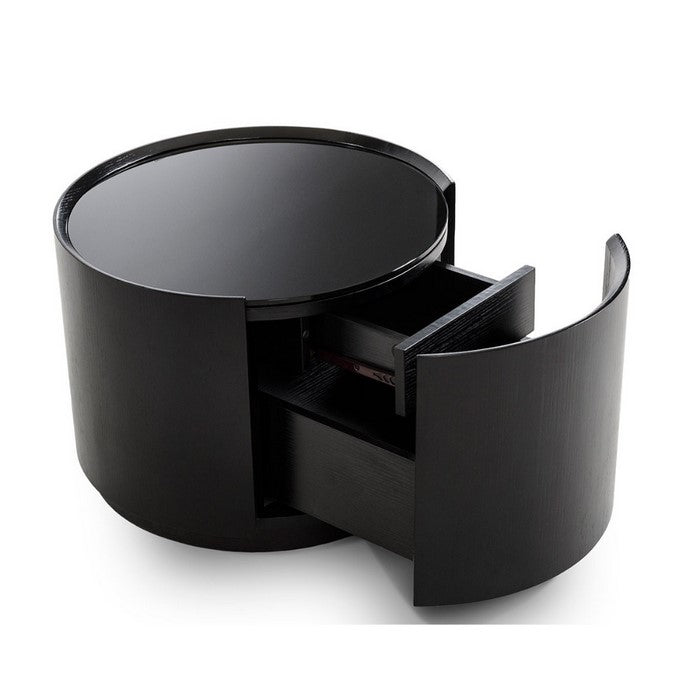 One Drawer Round Nightstand with Glass Table Top, Black