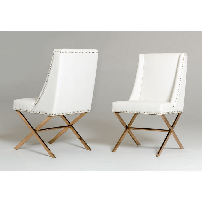 Leatherette Wingback Design Dining Chair with Trestle Steel Base, White and Gold