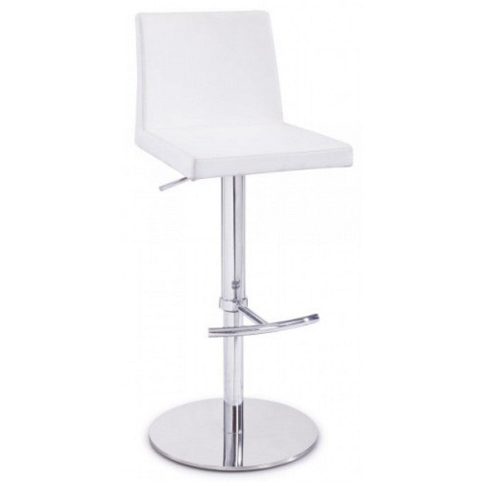 Leatherette Upholstered Bar Stool with Steel Adjustable Height Base, White and Silver