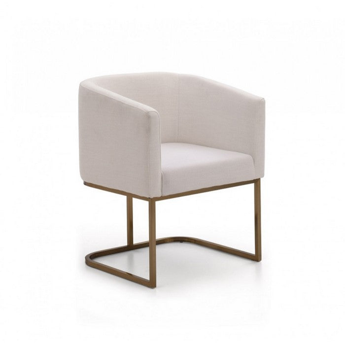 Fabric Upholstered Dining Chair with Cantilever Steel Base, White and Gold