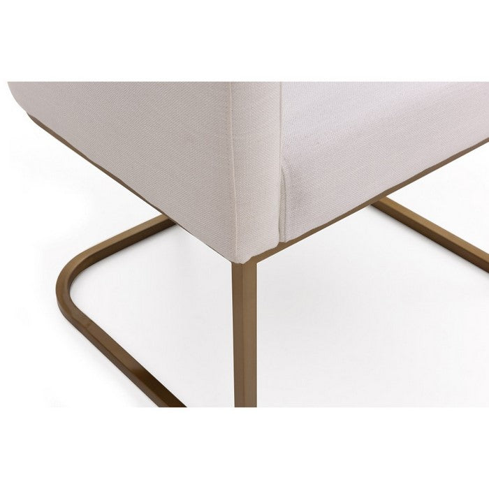 Fabric Upholstered Dining Chair with Cantilever Steel Base, White and Gold