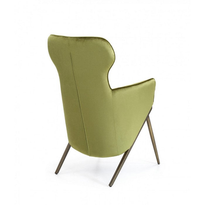 Velvet Upholstered Wingback Chair with Inverted V Shape Steel Legs, Green and Antique Gold