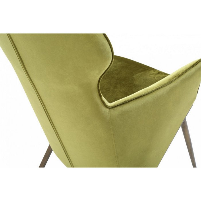 Velvet Upholstered Wingback Chair with Inverted V Shape Steel Legs, Green and Antique Gold