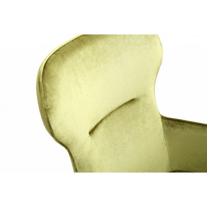Velvet Upholstered Wingback Chair with Inverted V Shape Steel Legs, Green and Antique Gold