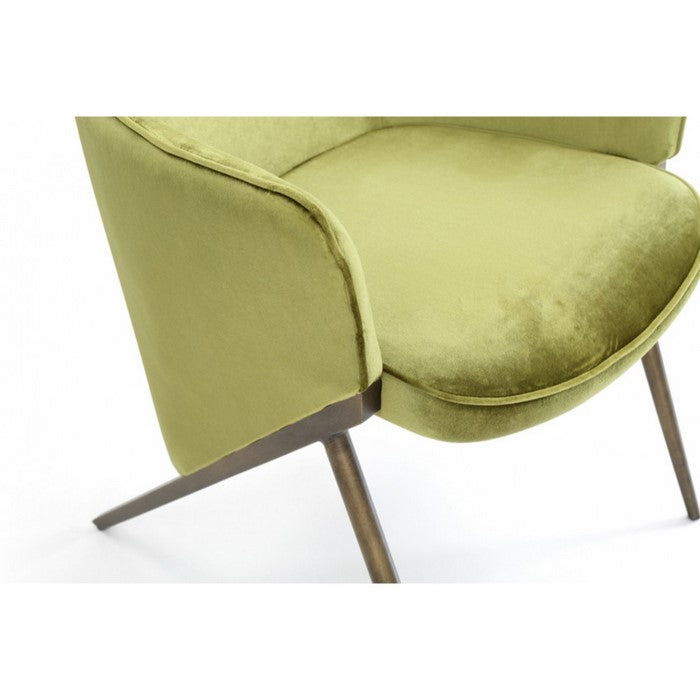 Velvet Upholstered Wingback Chair with Inverted V Shape Steel Legs, Green and Antique Gold