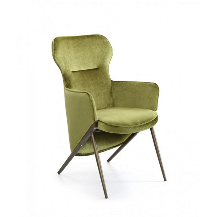 Velvet Upholstered Wingback Chair with Inverted V Shape Steel Legs, Green and Antique Gold