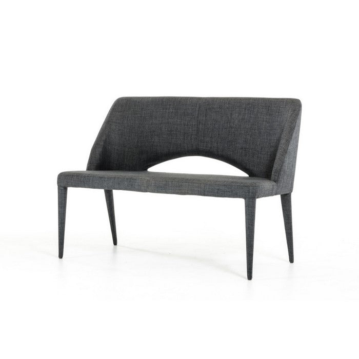 Fabric Upholstered Bench with Slight Open Back Design and Metal Tapered Feet, Gray