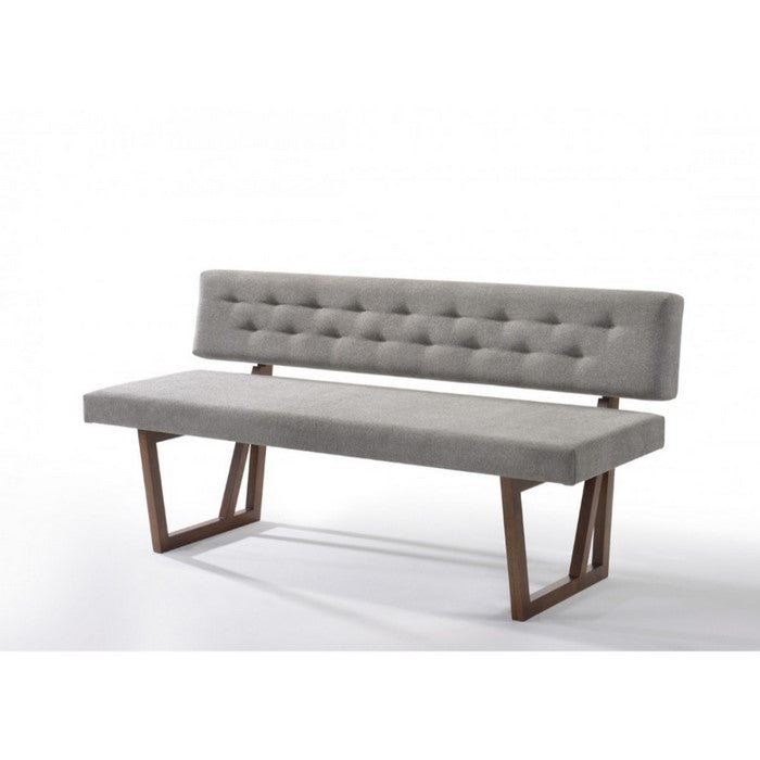 Fabric Upholstered Dining Bench with Rubber Wood Feet, Gray and Walnut Brown