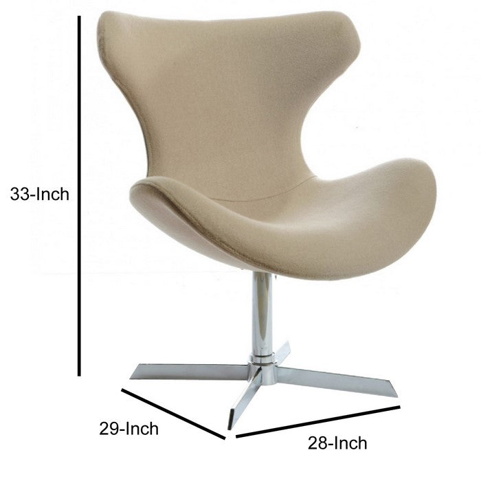 Fabric Upholstered Lounge Chair with Metal Pedestal Base, Beige and Silver