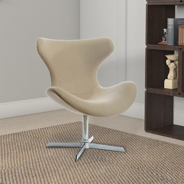 Fabric Upholstered Lounge Chair with Metal Pedestal Base, Beige and Silver