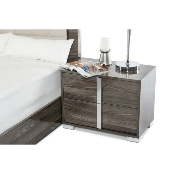 Contemporary Style Two Drawers Wooden Nightstand with Aluminum Handles, Gray