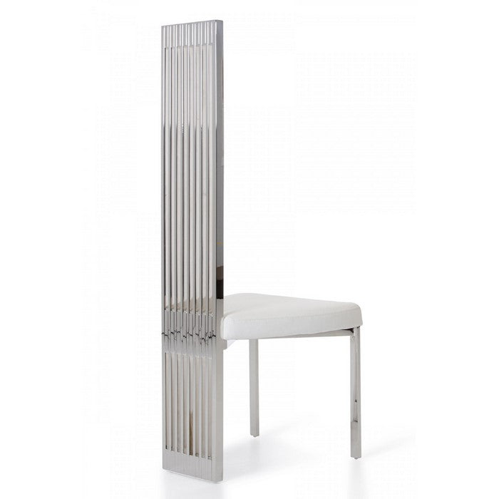 Leatherette Upholstered Dining Chair with Vertical Slat Back Design, White and Silver