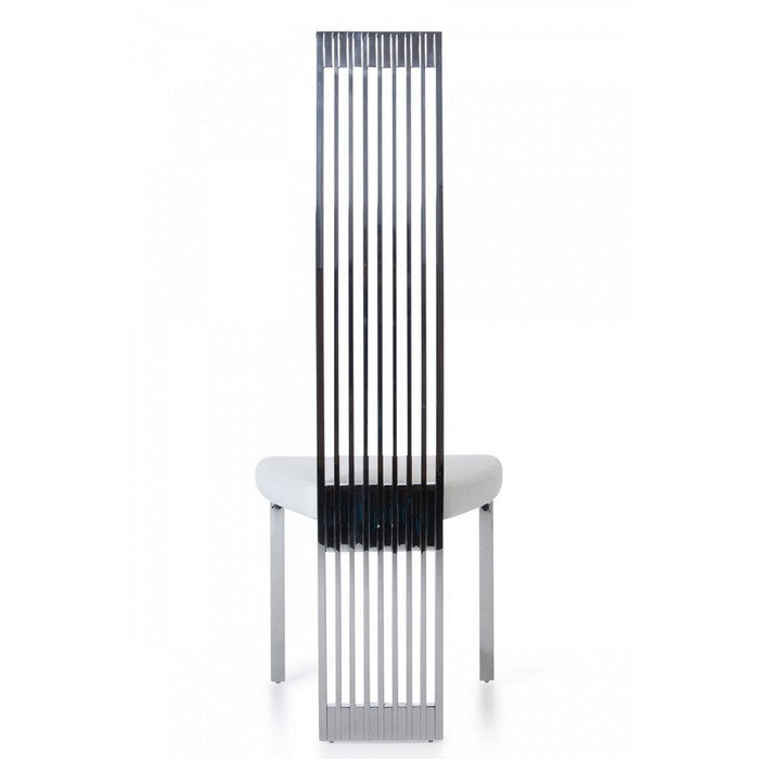 Leatherette Upholstered Dining Chair with Vertical Slat Back Design, White and Silver