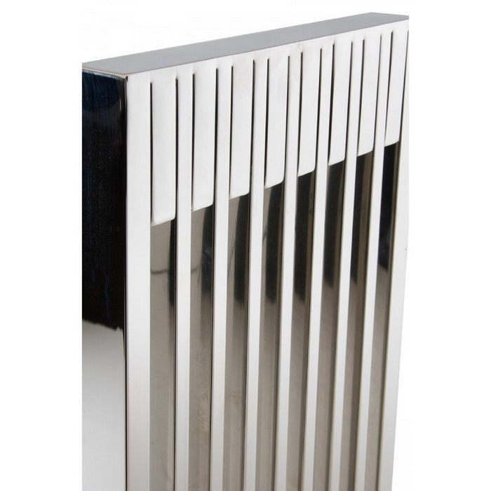 Leatherette Upholstered Dining Chair with Vertical Slat Back Design, White and Silver
