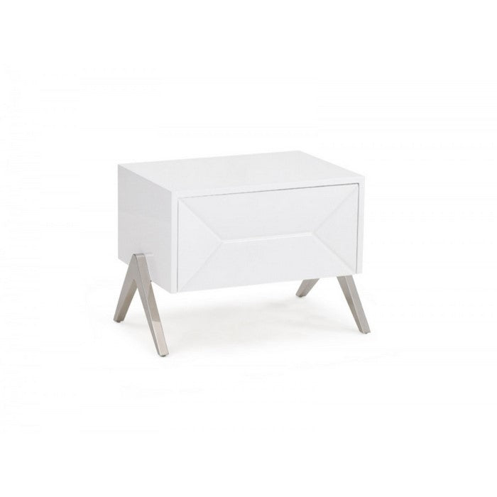 Wooden Nightstand with One Drawer and Inverted V shaped Steel Legs, White and Silver