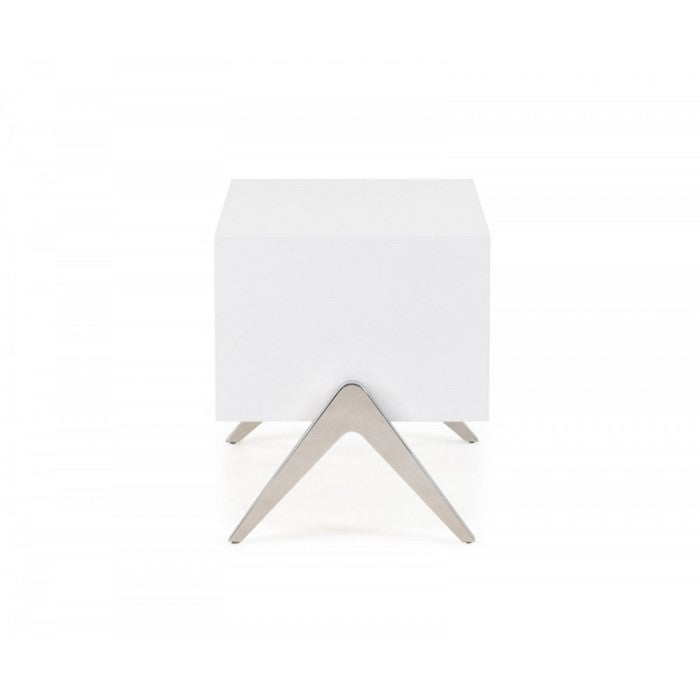 Wooden Nightstand with One Drawer and Inverted V shaped Steel Legs, White and Silver
