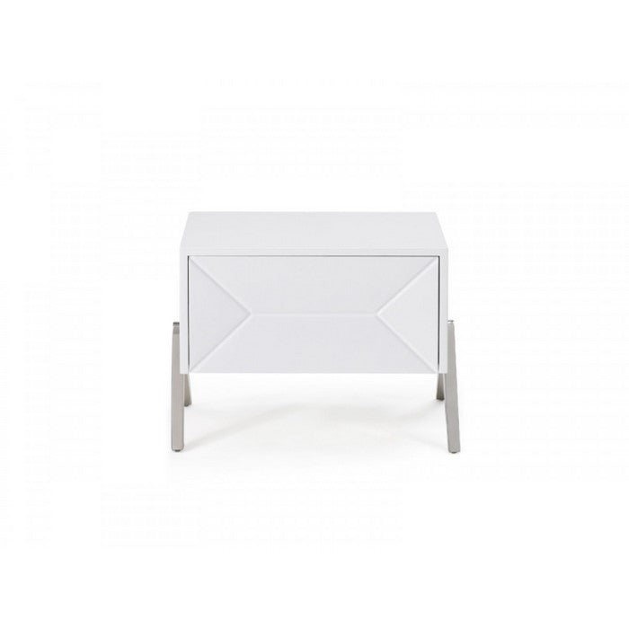 Wooden Nightstand with One Drawer and Inverted V shaped Steel Legs, White and Silver