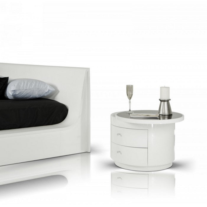 Two Drawers Wooden Nightstand with Swiveling Round Glass Top, White