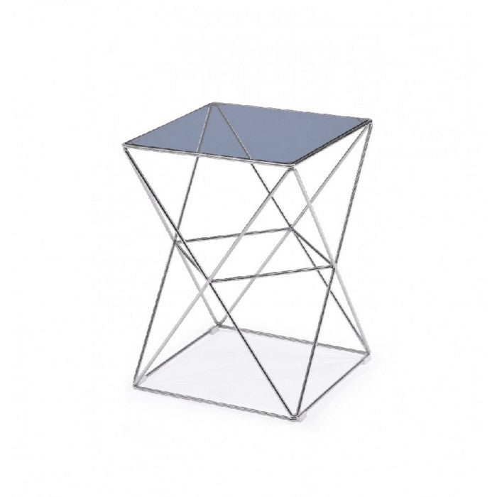 Square Glass Top End Table with Open Design Stainless Steel Base, Gray and Silver