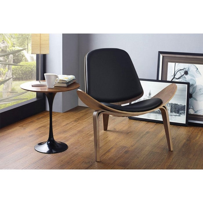 Leatherette Upholstered Wooden Accent Chair with Scooped Seat, Brown and Black