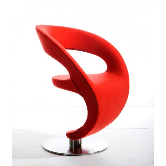 Fabric Upholstered Lounge Chair with Round Stainless Steel Base, Red and Silver