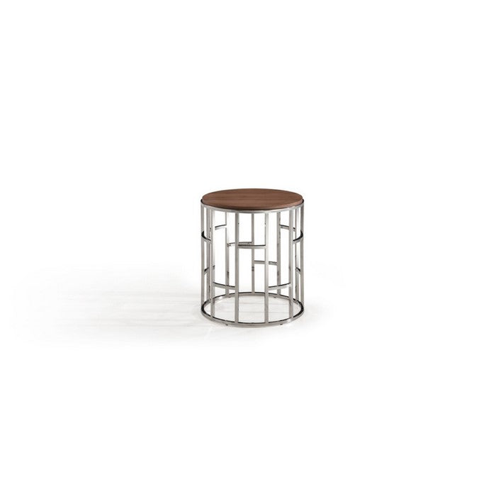Wood and Stainless Steel End Table with Geometric Style Base, Brown and Silver