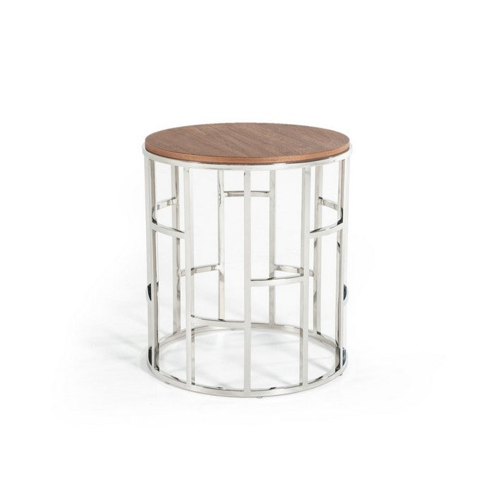 Wood and Stainless Steel End Table with Geometric Style Base, Brown and Silver