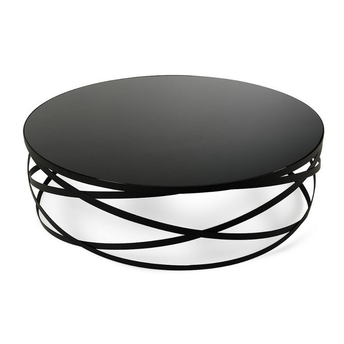 Round Shaped Glass Top Coffee Table with Metal Base, Black